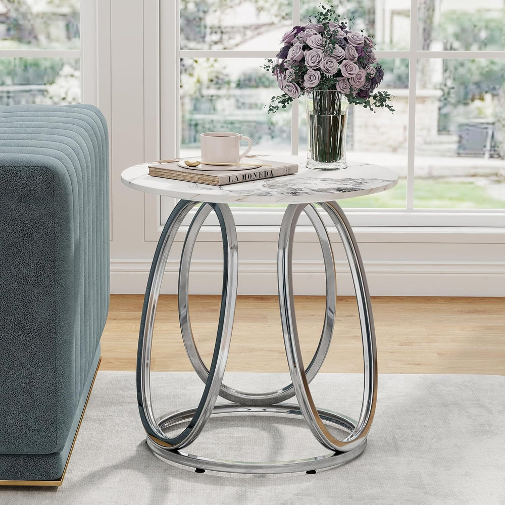 O&K FURNITURE Silver Side Table Living Room, Round End Table with Metal F...