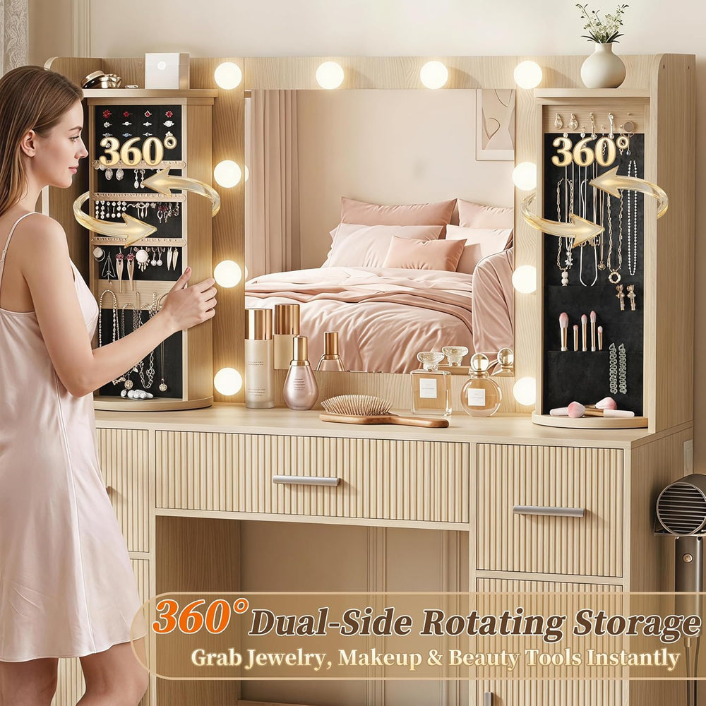EasyCom Makeup Vanity Desk with Lights, Mirror and Jewelry Storage, Oak | USB...