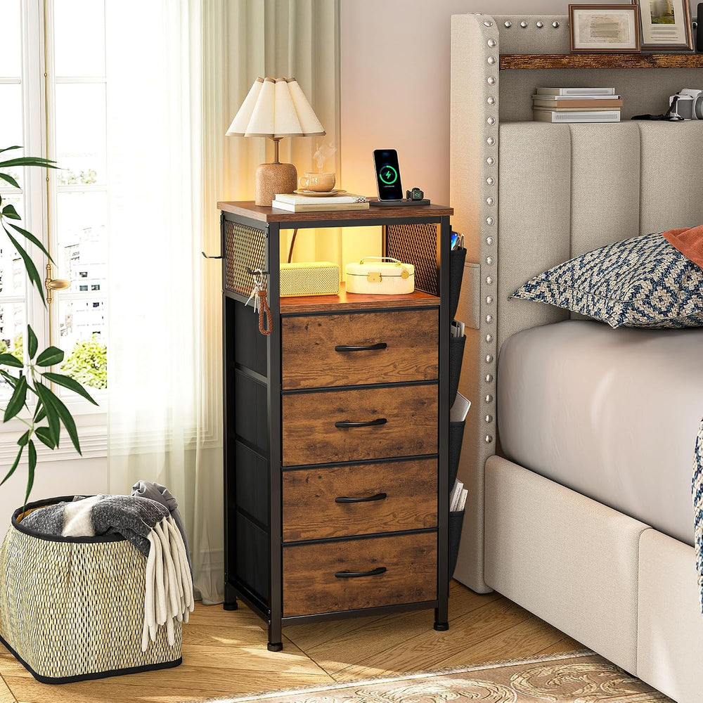 EnHomee LED Nightstand with Charging Station, Bedside Table with Fabric Drawe...
