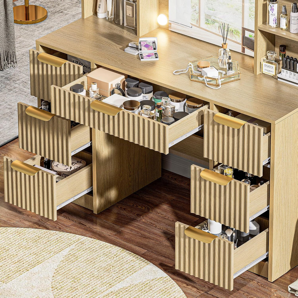 Fluted Vanity Desk with Mirror and 10 Adjustable LED Lights, Modern Makeup De...