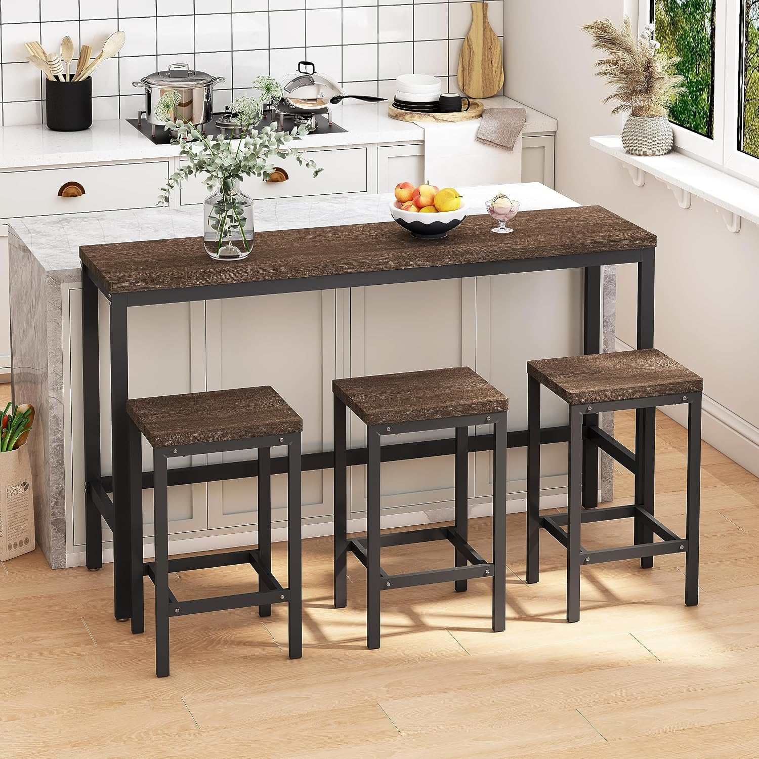 Merax Modern Design 4-Piece Counter Height Extra Long Dining Table Set with 3 Stools and Side Table with Footrest,Space-Saving Pub Kitchen Set,Easy Assembly,Dark Brown