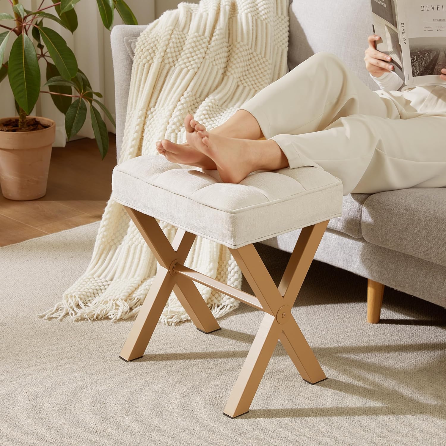 Royal Windsor Vanity Stool,Square Ottoman Stool Foot Rest,Upholstered Vanity Chair Foot Stool with Metal X Legs, Small Vanity Seat for Entryway,Bedroom and Living Room,Linen Beige