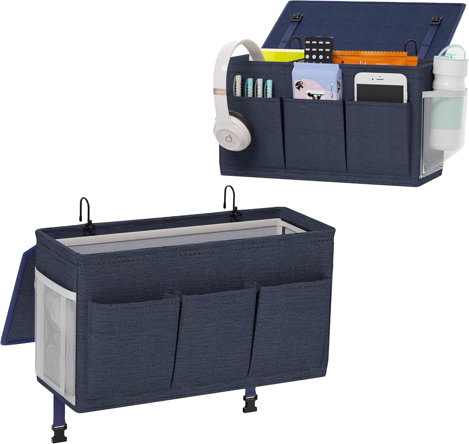 Dual-purpose Bedside Caddy Bedside Organizer, Bed Caddy with 6 Pockets, Versatile Bedside Storage Solution Magazine Remotes holder, ideal for Home, Dorm, Hospital, Crib Bed (Navy 2pcs)