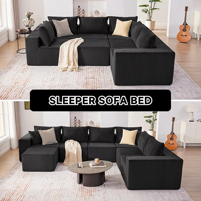 Cloud Couch Sectional, Modular Sofa with Deep Seat, Convertible Sectional Couches for Living Room, Plush Corduroy U Shaped Boneless Couch (Black, 6 Seater & 1 Ottoman)