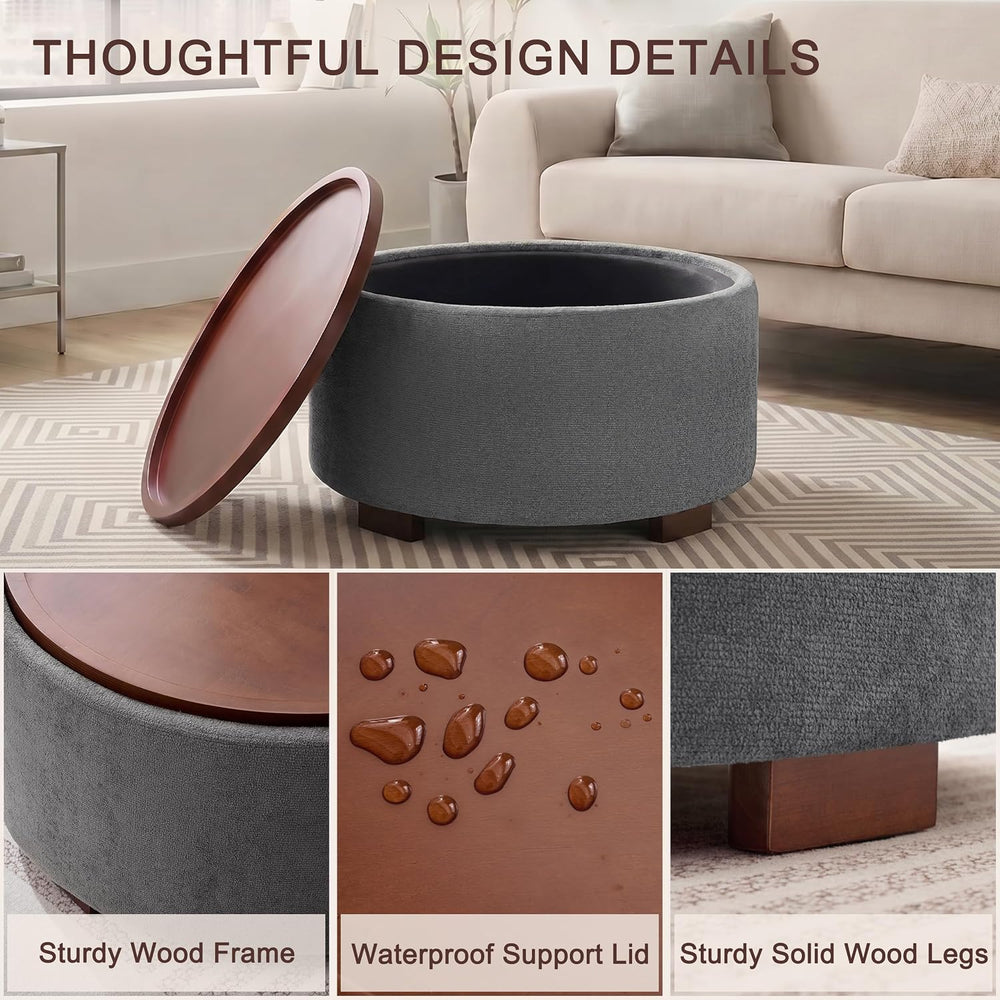 29.1 Inch Round Ottoman Coffee Table, Ottoman with Storage, Boucle Grey | Sto...