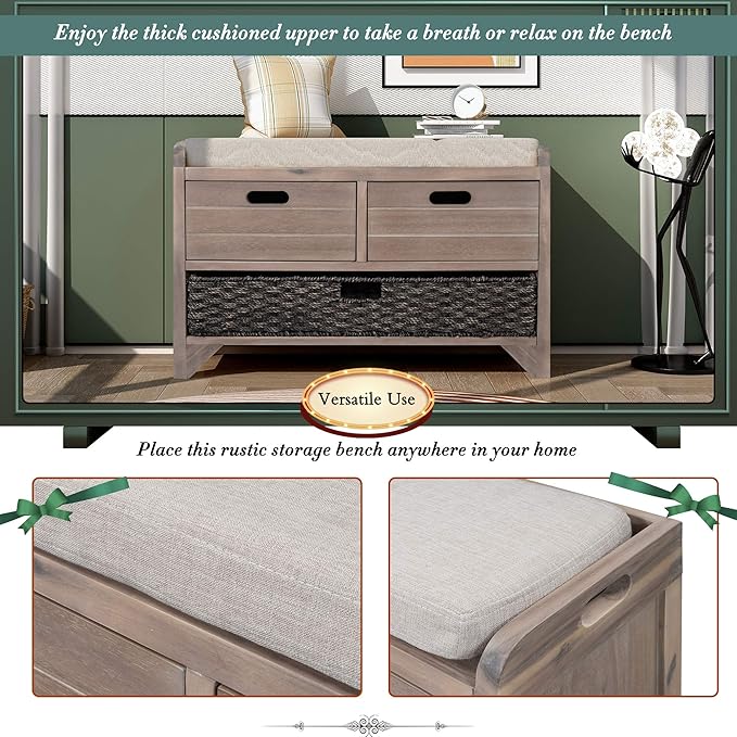 Merax Modern Wood Storage Bench with 2 Drawers and 1 Rattan Baskets for Living Room Bed Room Entryway Natural