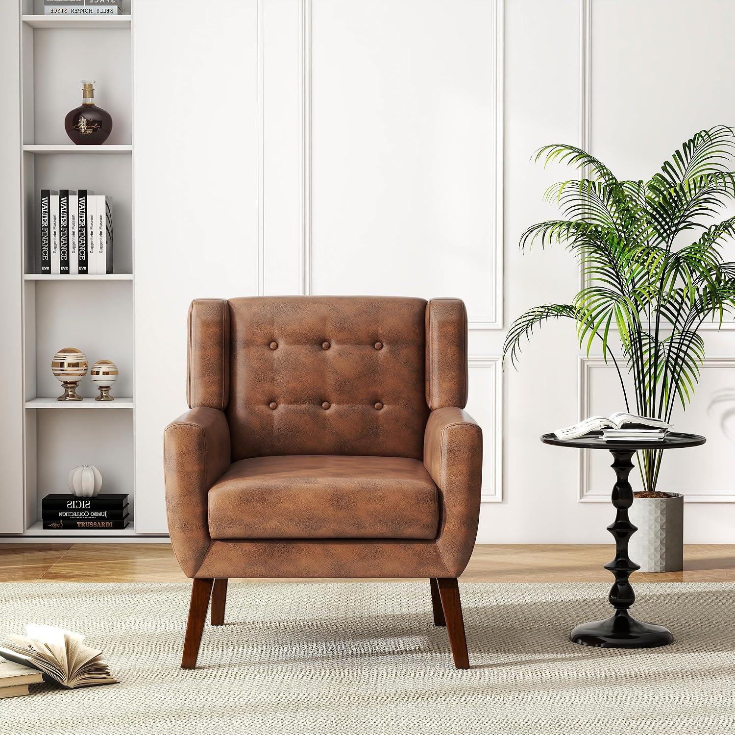 PU Leather Accent Chair, Modern Upholstered Armchair, Coffee | Comfy Wingback Chair with Removable Cushion, Wood Frame, Button Tufted Living Room Chair Bedroom Side Reading Seat