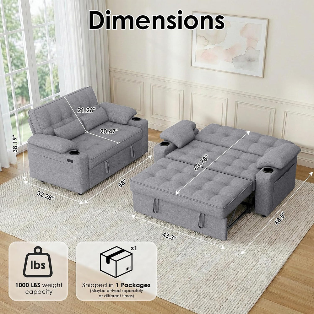 58'' Convertible Sofa Bed with USB Charger and Cup Holders, Teddy Fab...