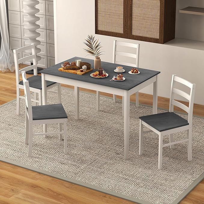 COSTWAY Dining Table Set for 4, Wood Kitchen Table Chairs Set with Rubber Wood Legs, Space-Saving Design, Modern 5-Piece Dinette Set for Small Place, Kitchen, Dining Room, Restaurant (Grey)