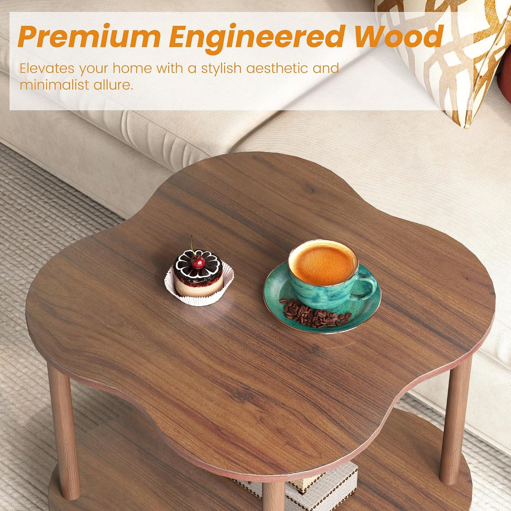 Wood End Side Table with Storage Shelf, 2-Tier Flower Shaped Coffee Table for...