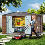 8x10 FT Outdoor Storage Shed with Windows, Wood & Metal Tool Shed Waterproof Storage House for Outside Patio, Garden, Backyard, 4 Vents (Without Floor) Wood Color