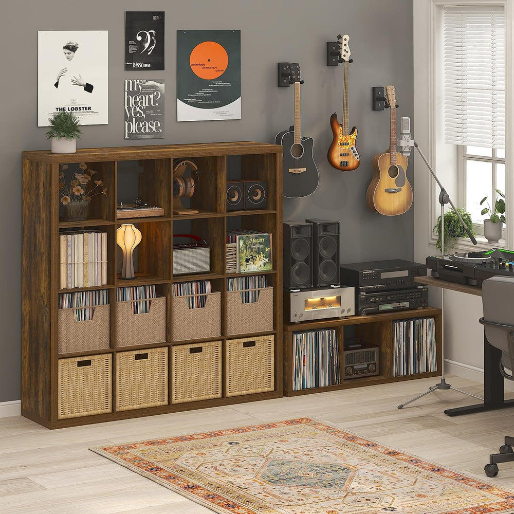 Furinno Cubicle Record Player Stand, 3-Cube Record Storage, Amber Pine