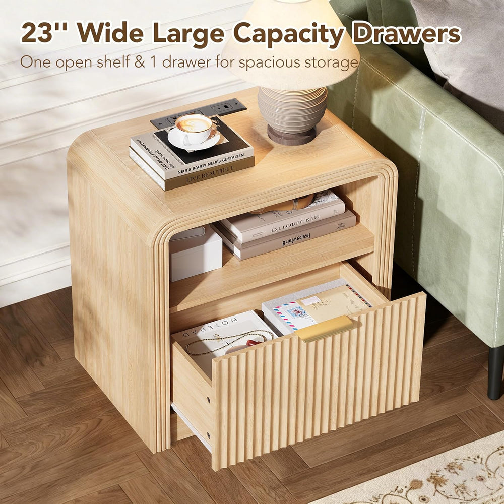 Decofy 23'' Wide Fluted Nightstand Set of 2 with Charging Station, Oak
