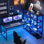Pamray L Shaped Computer Desk with Reversible Side Storage Shelves, 49 Inch Gaming Desk with Power Outlets and Led Lights, PC Table for Home Office and Bedroom Black