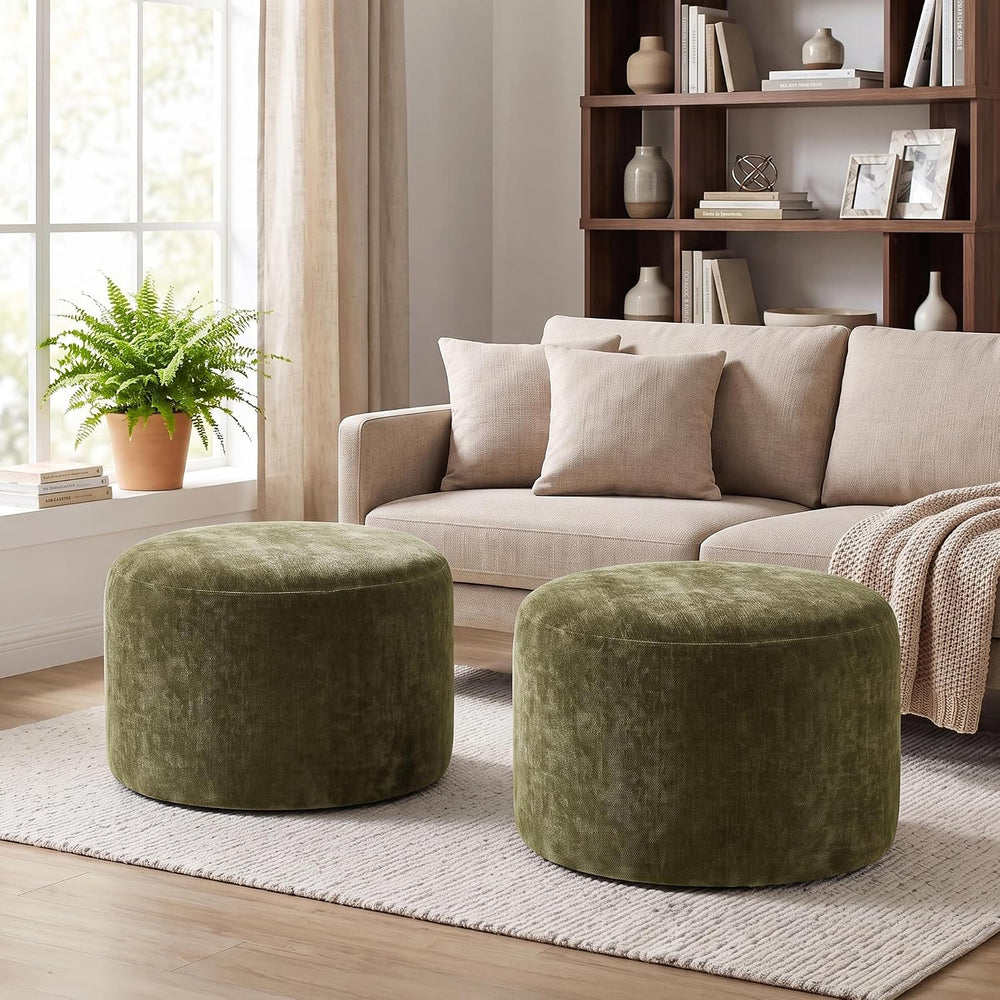 Upholstered Round Green Pouf Ottoman Set of 2, Modern Footstools | Chenille F...