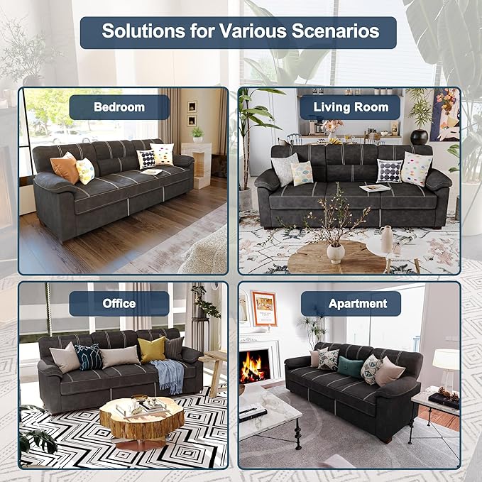 80 Inch Dark Grey Faux Leather Sofa Couch - Wide Armrests with 2 Pillows, Deep Seats, Contrast Stitching, 3 Seater Leather Couches for Living Room, Bedroom, Apartment