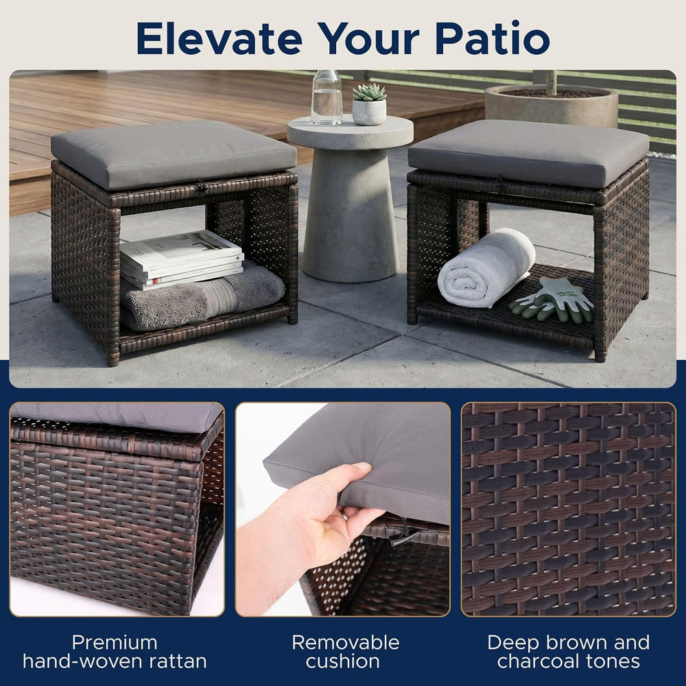 Outdoor Storage Ottoman (Set of 2) - All-Weather Wicker Patio Footstool with ...