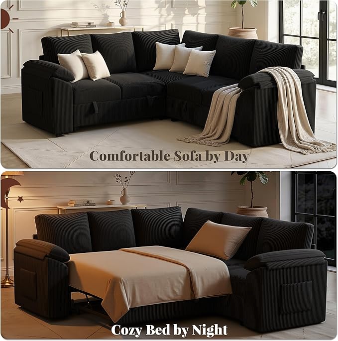 85 Inch Sectional Sleeper Sofa Bed with Pull Out Couch, U Shaped 5 Seat Cloud Modular Sectional Sofa with Storage, Corduroy Sectional Couches for Living Room, Removable Sofa Cover, Dark Grey