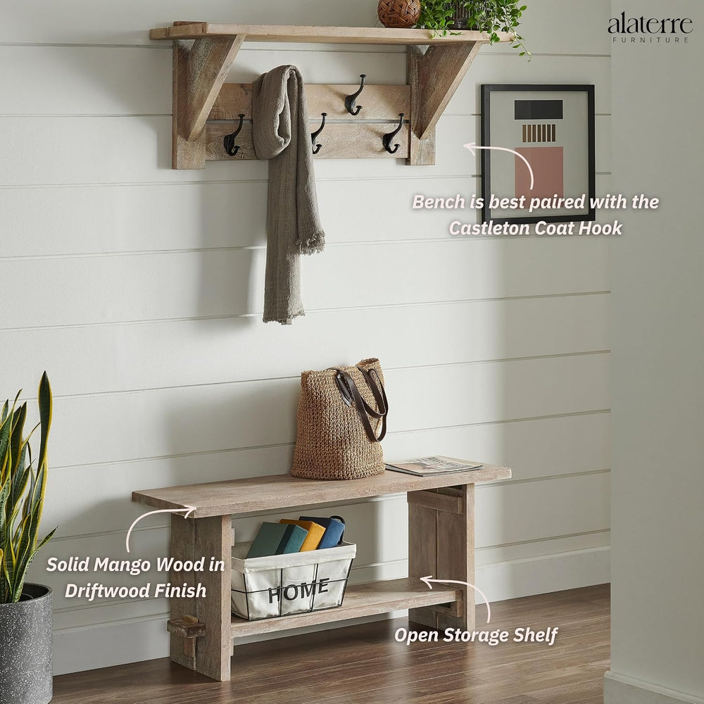 Alaterre Furniture Bethel Entryway Bench with Storage Shelf – Rustic Farmhous...