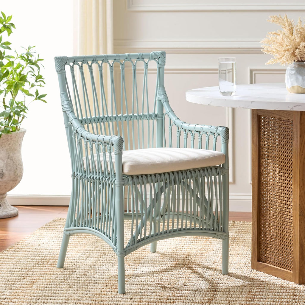 SAFAVIEH Furniture - Zorianna Dining Chair - Light Blue Rattan & White Cushion - Armchair Design - Ideal for Dining Room, Kitchen, 18.5" Seat Height (DCH6505C)
