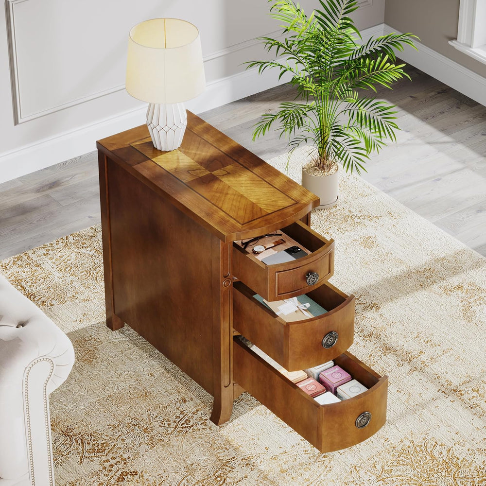 Farmhouse Solid Wood End Table, 3-Drawer Narrow Side Table Slim Chair Table f...