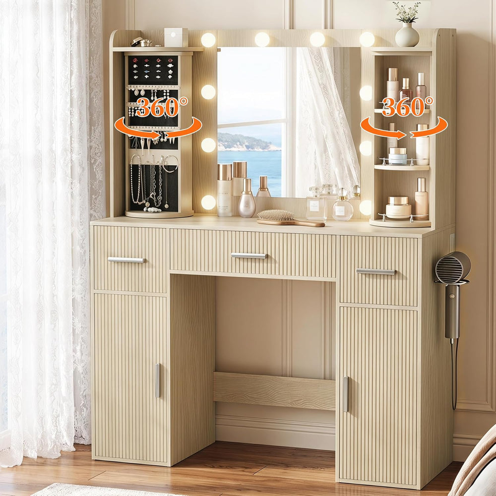 EasyCom Makeup Vanity Desk with Lights, Mirror and Jewelry Storage, Oak | USB...