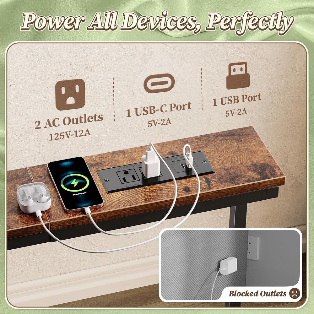 Huuger 63.4-78.3'' Extendable Behind Couch Table with Outlets, Rustic...
