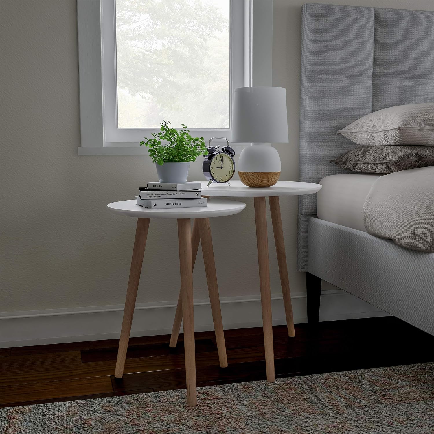 Nesting Side Tables - Set of 2 Round End Tables for Living Room, Bedroom, or Home Office - Accent Table Set - Mid-Century Modern Living Room Furniture by Lavish Home (White/Natural)