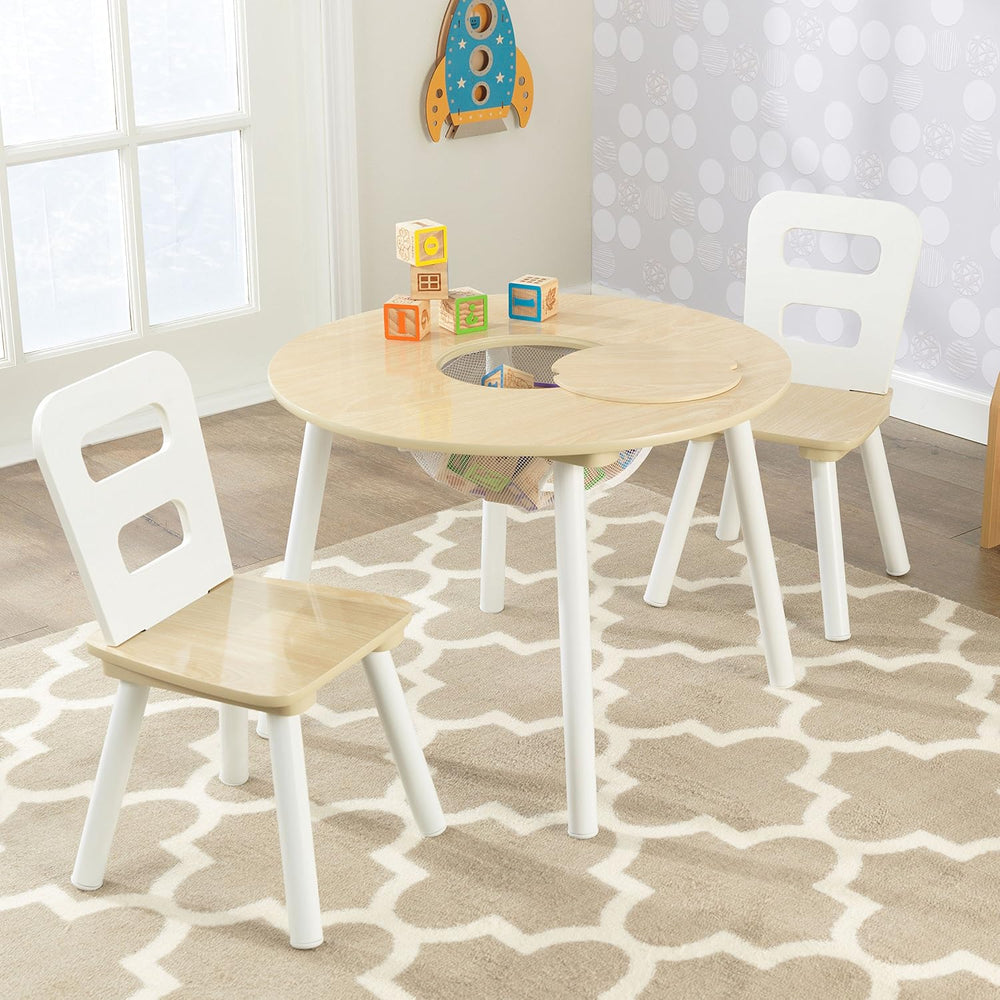 KidKraft Wooden Round Table & 2 Chair Set with Center Mesh Storage - Natu...