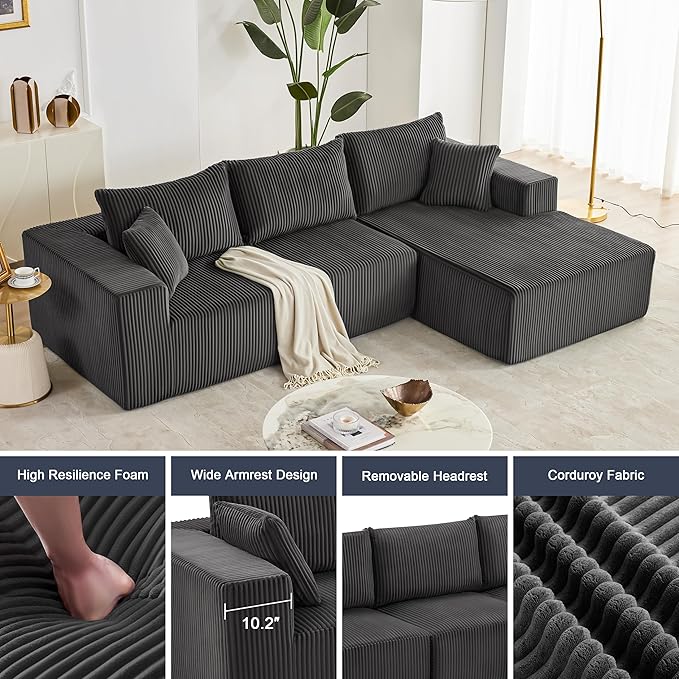 108” Modular Sectional Sofa, Cloud Sectional Couch with Deep Seat, Modern Modular L-Shape Sofa with Chaise,Upholstered Boneless Couches for Living Room Bedroom (Corduroy, Darkgrey)