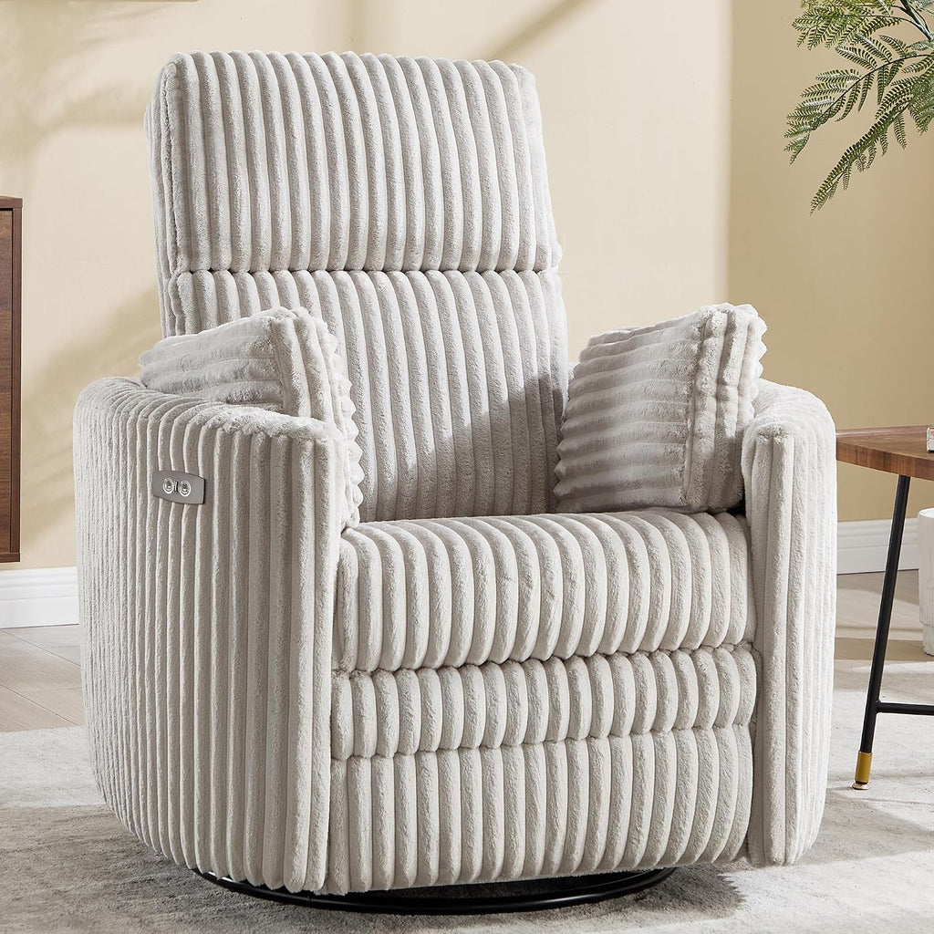 Power Recliner,Nursery Swivel Glider Rocking Chair with USB Port,Upholstered Adult Electric Recliner Rocking Chair with 2 Pillows for Living Room Bedroom(Lightgrey Corduroy, Power-Driven)