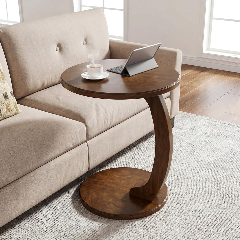 Tribesigns C Shaped End Table, Round Wood Side Table, Mid-Century Modern Styl...