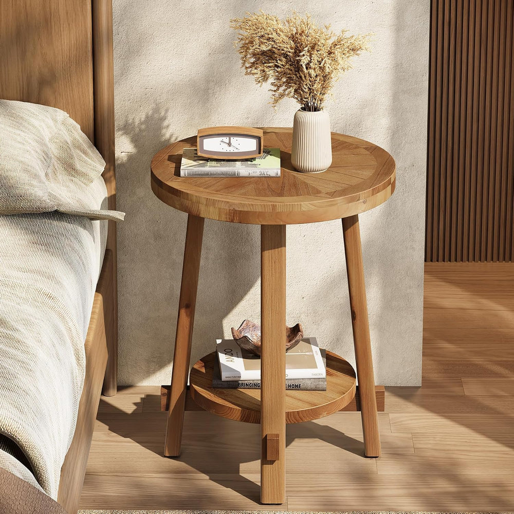 Solid Wood Side Table for Living Room, Small Round End Table with 2-Tier Stor...