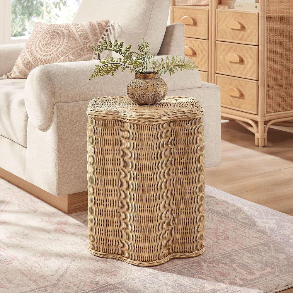 Modway Erika Scalloped Natural Rattan Side Table in Natural – 16 Inch Small R...