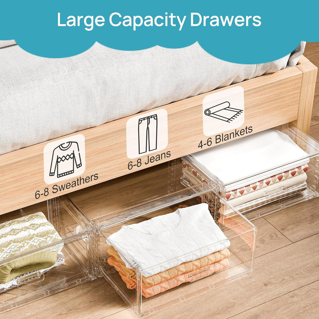 Vtopmart 4 Pack Large Clear Stackable Storage Drawers 27QT, Easily Assemble Plastic Closet Storage Bins, Dust-Proof UnderBed Organizer for Clothing, Sweater Organization