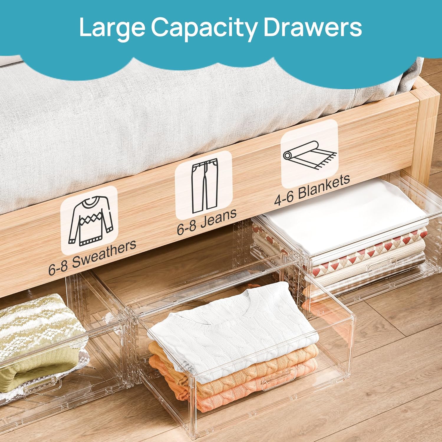Vtopmart 2 Pack Large Clear Stackable Storage Drawers 27QT, Easily Assemble Plastic Closet Storage Bins, Dust-Proof UnderBed Organizer for Clothing, Sweater Organization