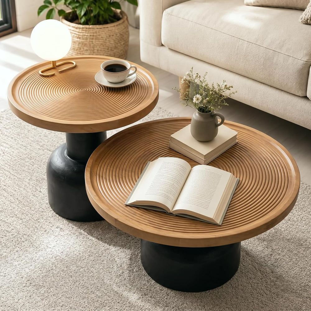 Round Nesting Coffee Table, Reclaimed Wood Top, Circle Texture,Natural | 2-Pi...