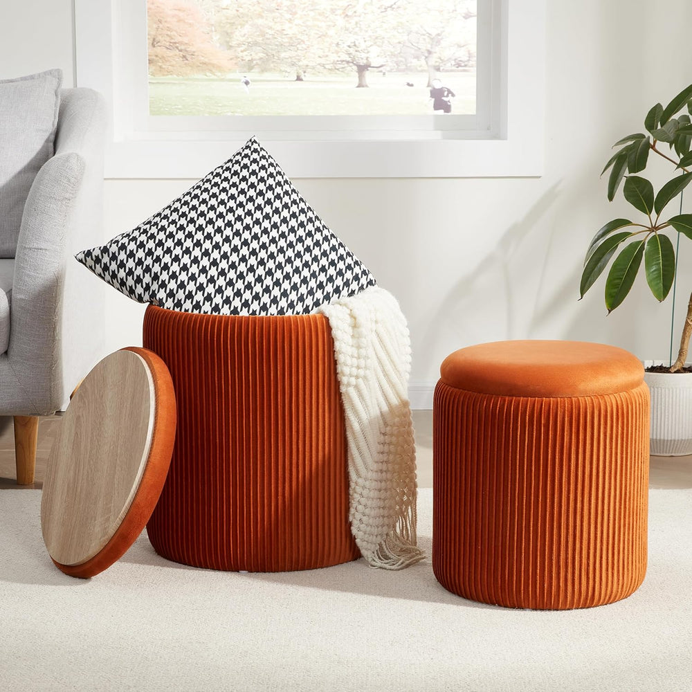 Royal Windsor Round Ottoman with Storage Set of 2, Storage Vanity Stool | Vel...