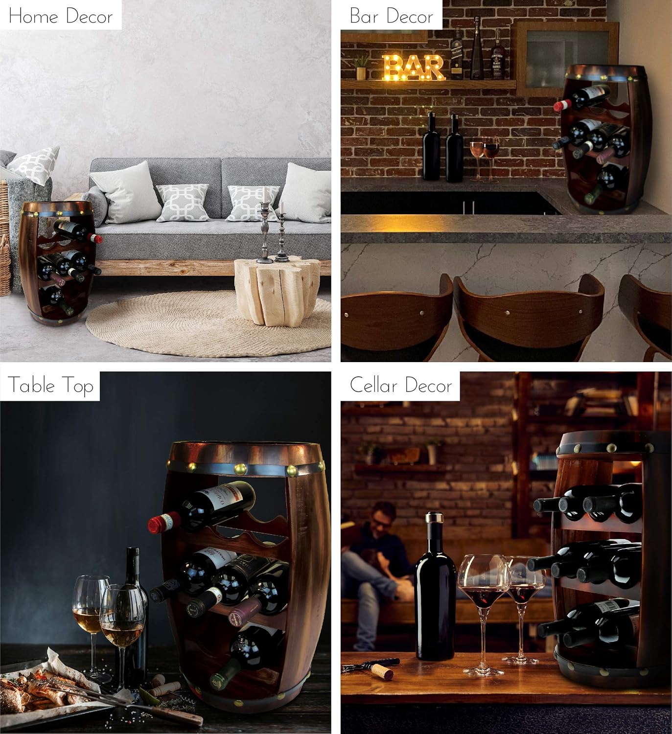 CoTa Global Alexander Wooden Barrel Wine Rack - 8 Bottles Wine Storage Rack, Free Standing Wooden Wine Rack, Liquor Bar Wine Wine Bottle Rack, Rustic Wine Bottle Holder, Wall Mounted Wine Rack
