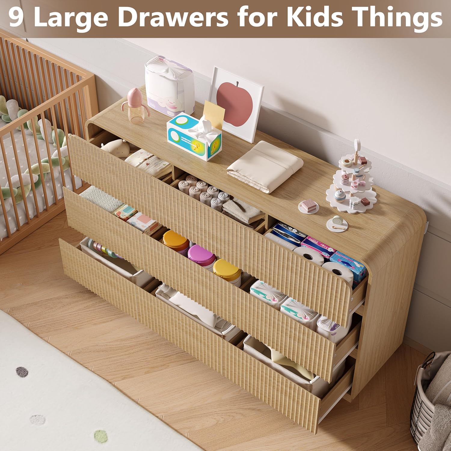 Dresser for Bedroom with 9 Drawers, Fluted Chest of Drawers with Round Curved Corner, Hidden Handles, Modern Wood Storage Organizer for Bedroom, Nursery, Living Room