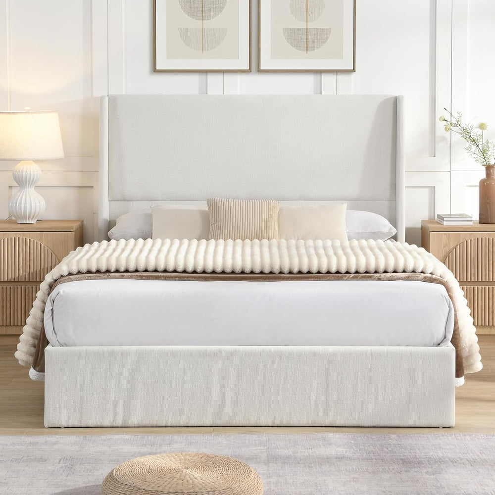 Queen Size Upholstered Bed Frame, 50.8" High Headboard Wingback Bed Fram...