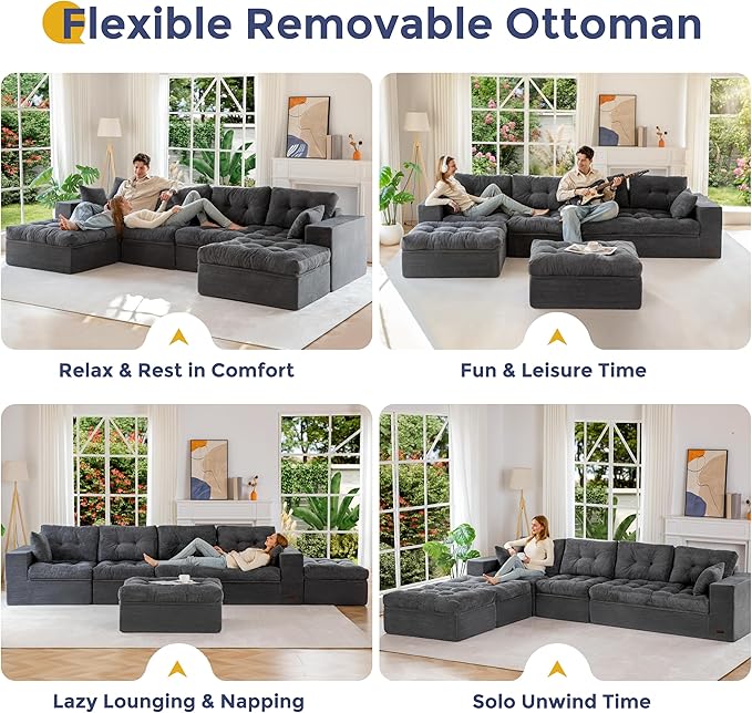 MAXYOYO 132" U Shaped Modular Sectional Sofa with 2 Ottomans, Cloud Boneless Couch with Layered Cushion, Flexible Module Combination Sofa for Living Room, No Assembly Required, Dark Grey