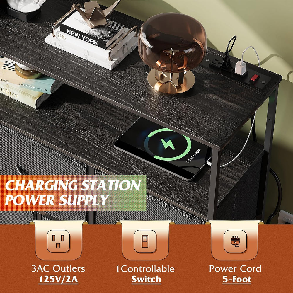 WLIVE 5 Drawer Fabric Dresser Charging Station Bedroom Chest, Black