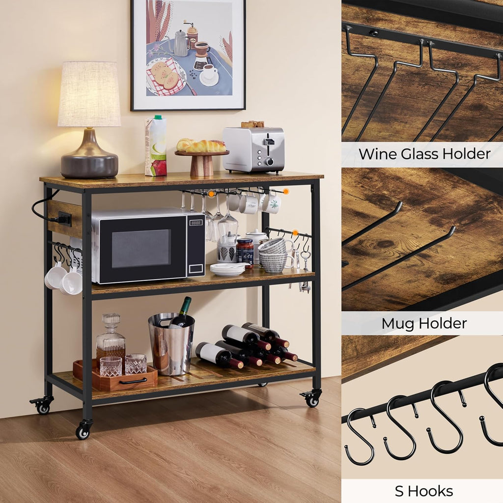 Yaheetech Kitchen Island Cart with Power Outlet, 3 Shelves, Rustic Brown | 40 Inches Rolling Kitchen Island With Storage, 3-Tier Coffee Cart with Footpads, Wine Rack Glass Holder Hooks for Dining Room
