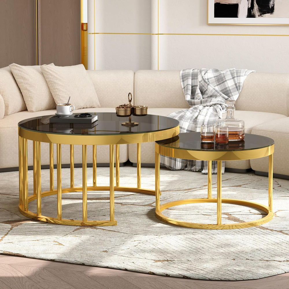 Round Nesting Coffee Table Set of 2 with Gold Frame & Mirrored Top, Black...