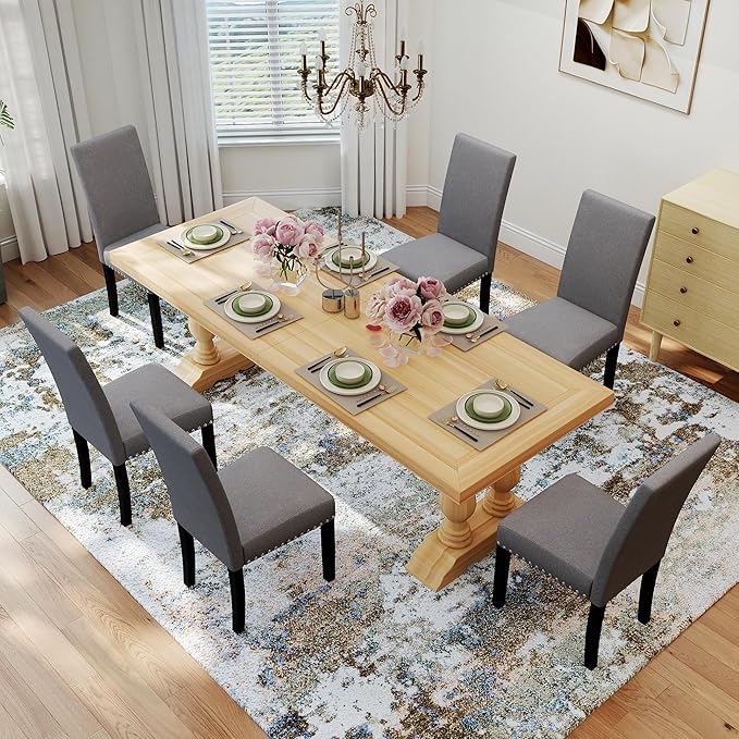 LSSPAID Dining Chairs Set of 6, Fabric Upholstered Dining Room Parson Chair with Nailhead Trim and Solid Wood Legs for Home and Kitchen, Gray