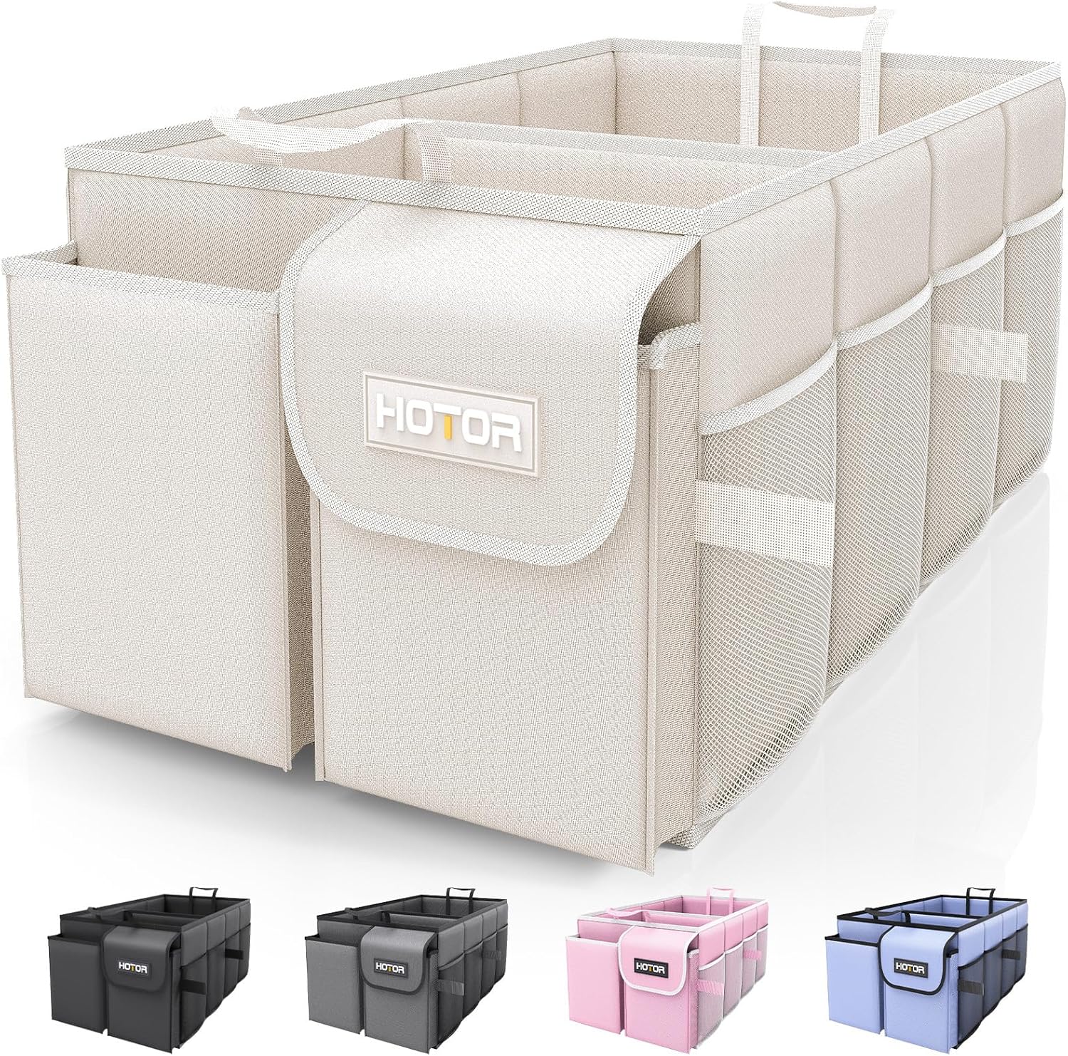 HOTOR Trunk Organizer - Foldable Car Storage for SUVs & Sedans, Sturdy Organization for Accessories, Tools, Sundries, Beige, 2 Compartments, 21.3"12.6"10.6"