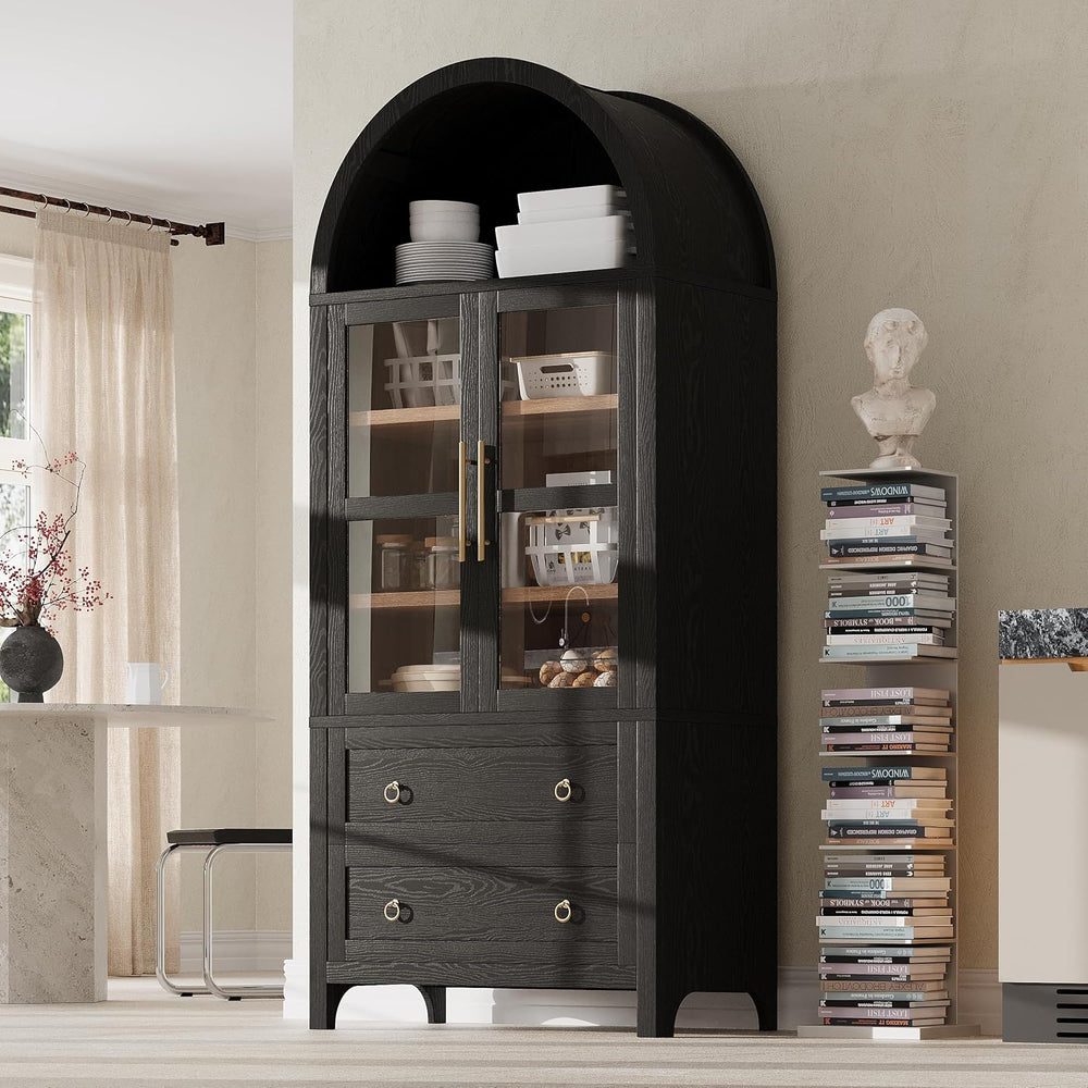 71" Tall Arched Kitchen Pantry Cabinet with 2 Large Drawers, Modern Farm...