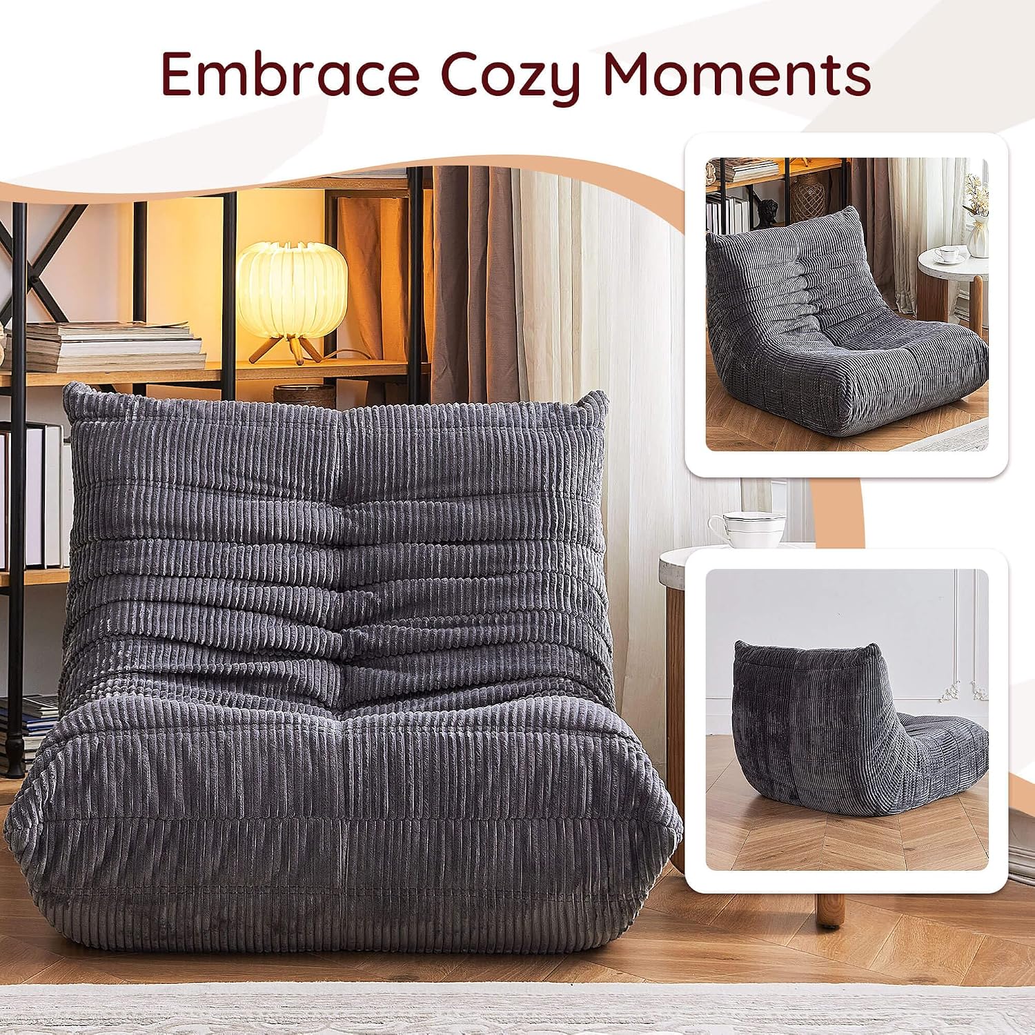 Giant Bean Bag Chair, Memory Foam Filled Oversized Corduroy Floor Sofa for Adults, High-Rebound Boneless Lazy Chair for Living Room, Bedroom, Reading & Gaming, Grey