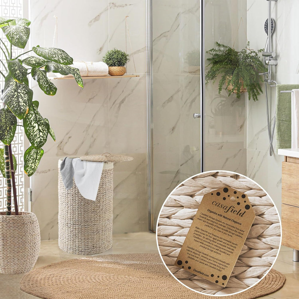 Casafield Round Laundry Hamper with Lid and Removable Liner Bag - Whitewash, Woven Water Hyacinth Wicker Laundry Basket for Clothes and Towels